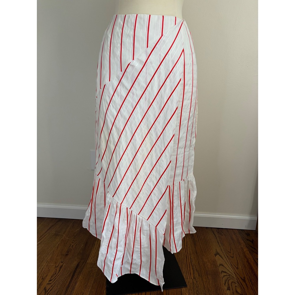 Lewit Red White Striped Linen Blend Asymmetric Ruffle Midi Skirt Coastal Size 6